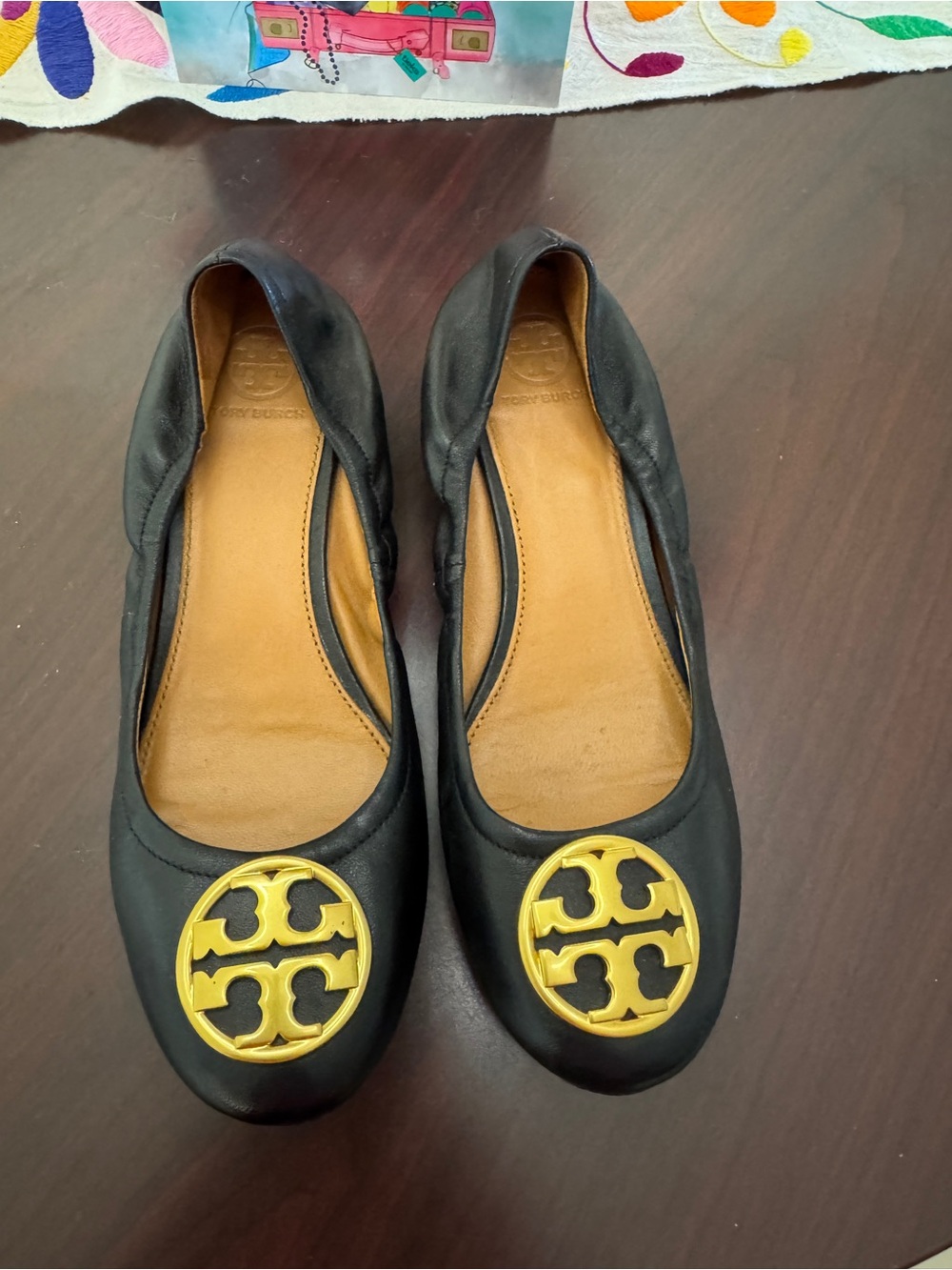 Tory Burch Black Leather Ballet Flats with Gold Logo Emblem - Picture 1 of 8